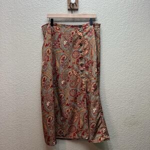 NY Sake Skirt Womens 14W Size Brown Burgundy Paisly Midi Office Career